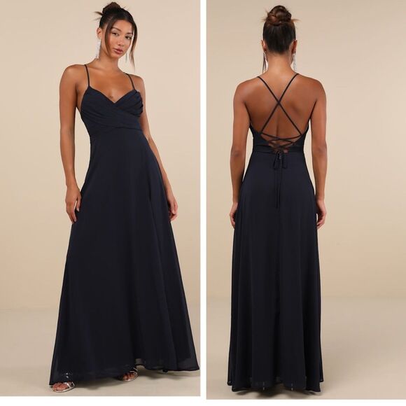 Lulus Event Ready Navy Blue Backless Lace-Up Maxi Dress Size Small NWT Wedding - Picture 1 of 10